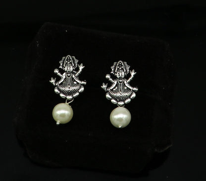 Sterling silver tribal goddess stud earring with dangling mother of pearl, handcrafted and customized by Tribal Ornaments.