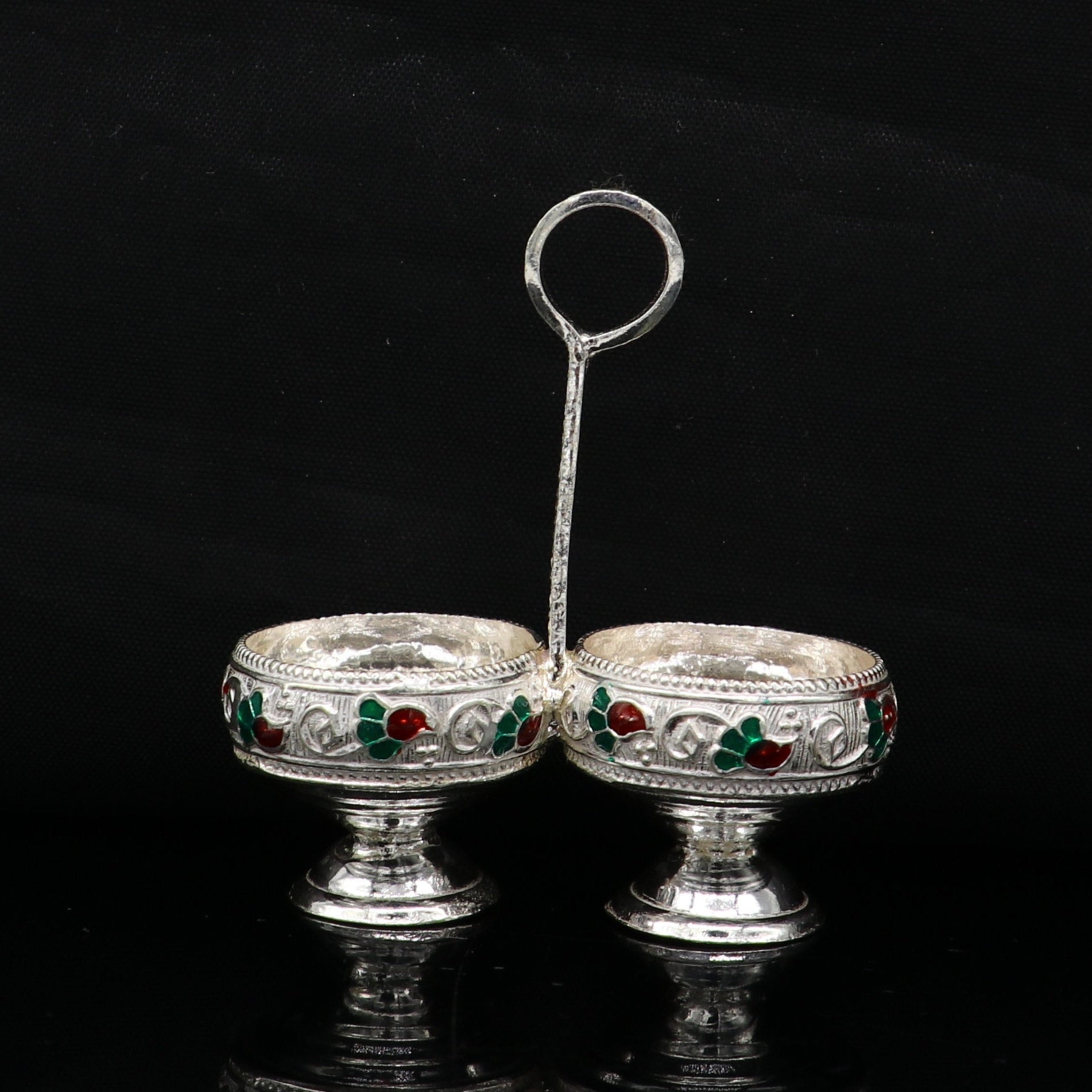 925 sterling silver handmade customized work puja utensils, silver tilak bowl, kesar chaindan kumkum patra or bowl, silver article su154 - TRIBAL ORNAMENTS