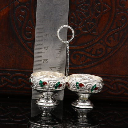 925 sterling silver handmade customized work puja utensils, silver tilak bowl, kesar chaindan kumkum patra or bowl, silver article su154 - TRIBAL ORNAMENTS