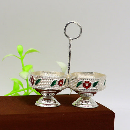 925 sterling silver handmade customized work puja utensils, silver tilak bowl, kesar chaindan kumkum patra or bowl, silver article su155 - TRIBAL ORNAMENTS