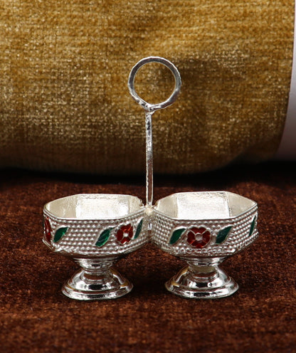 925 sterling silver handmade customized work puja utensils, silver tilak bowl, kesar chaindan kumkum patra or bowl, silver article su155 - TRIBAL ORNAMENTS