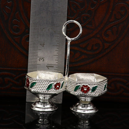 925 sterling silver handmade customized work puja utensils, silver tilak bowl, kesar chaindan kumkum patra or bowl, silver article su155 - TRIBAL ORNAMENTS