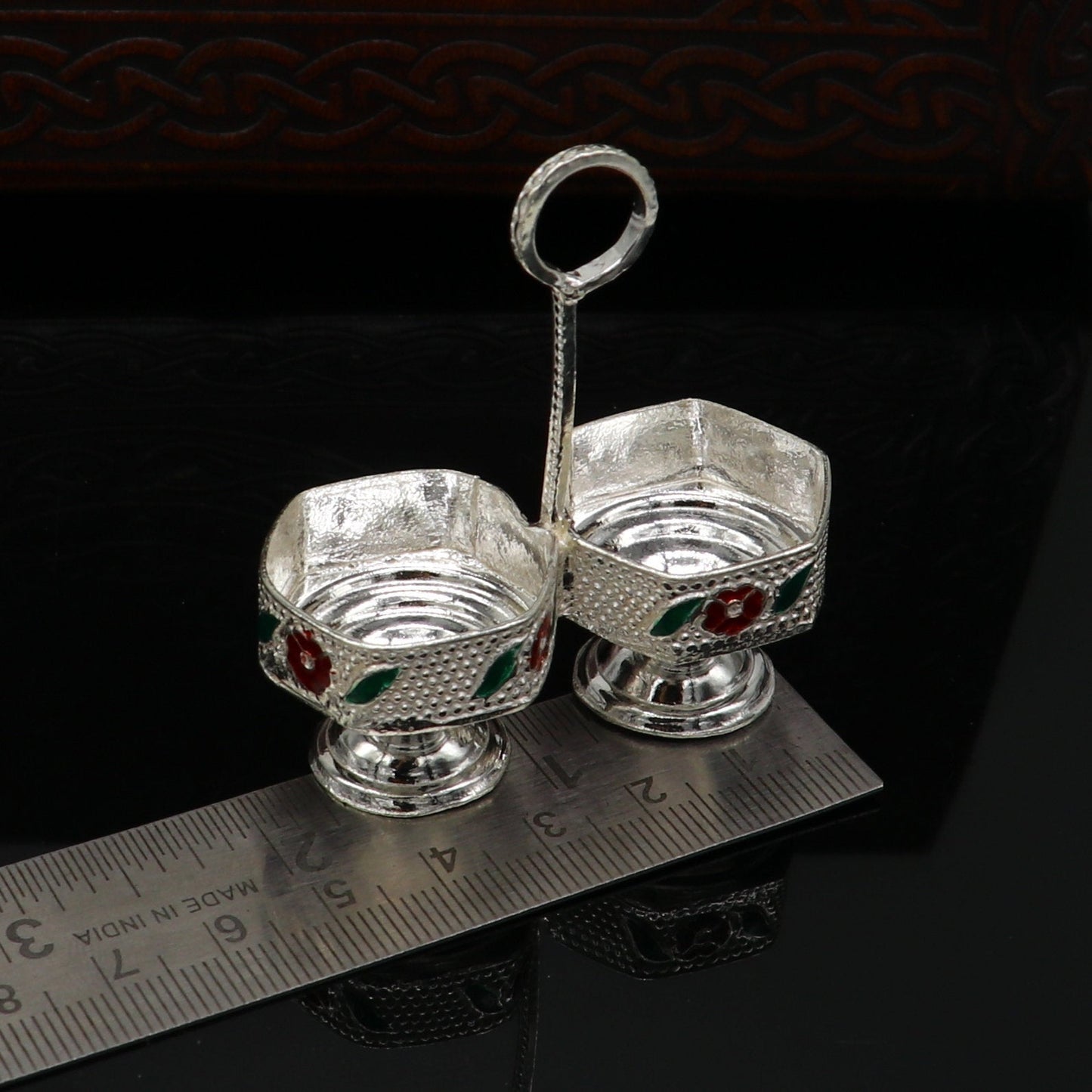 925 sterling silver handmade customized work puja utensils, silver tilak bowl, kesar chaindan kumkum patra or bowl, silver article su155 - TRIBAL ORNAMENTS