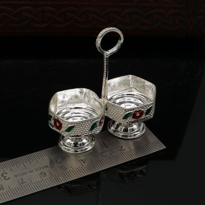 925 sterling silver handmade customized work puja utensils, silver tilak bowl, kesar chaindan kumkum patra or bowl, silver article su155 - TRIBAL ORNAMENTS