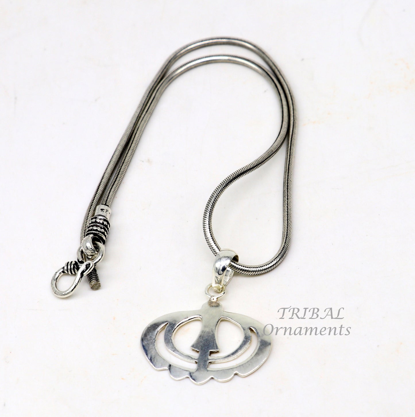 925 sterling silver Khalsa Waheguru pendant featuring Sikha Sardar symbol, handcrafted religious jewelry from Tribal Ornaments.
