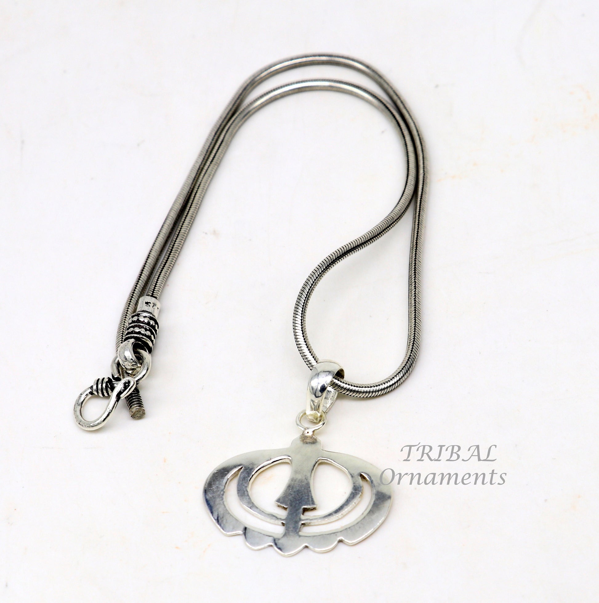 925 sterling silver Khalsa Waheguru pendant featuring Sikha Sardar symbol, handcrafted religious jewelry from Tribal Ornaments.