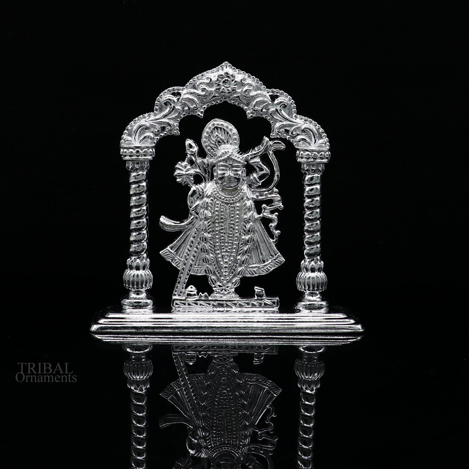 Sterling silver handmade design Indian Idols Lord krishna Shrinathji statue figurine, puja articles decorative gift diwali puja art448 - TRIBAL ORNAMENTS