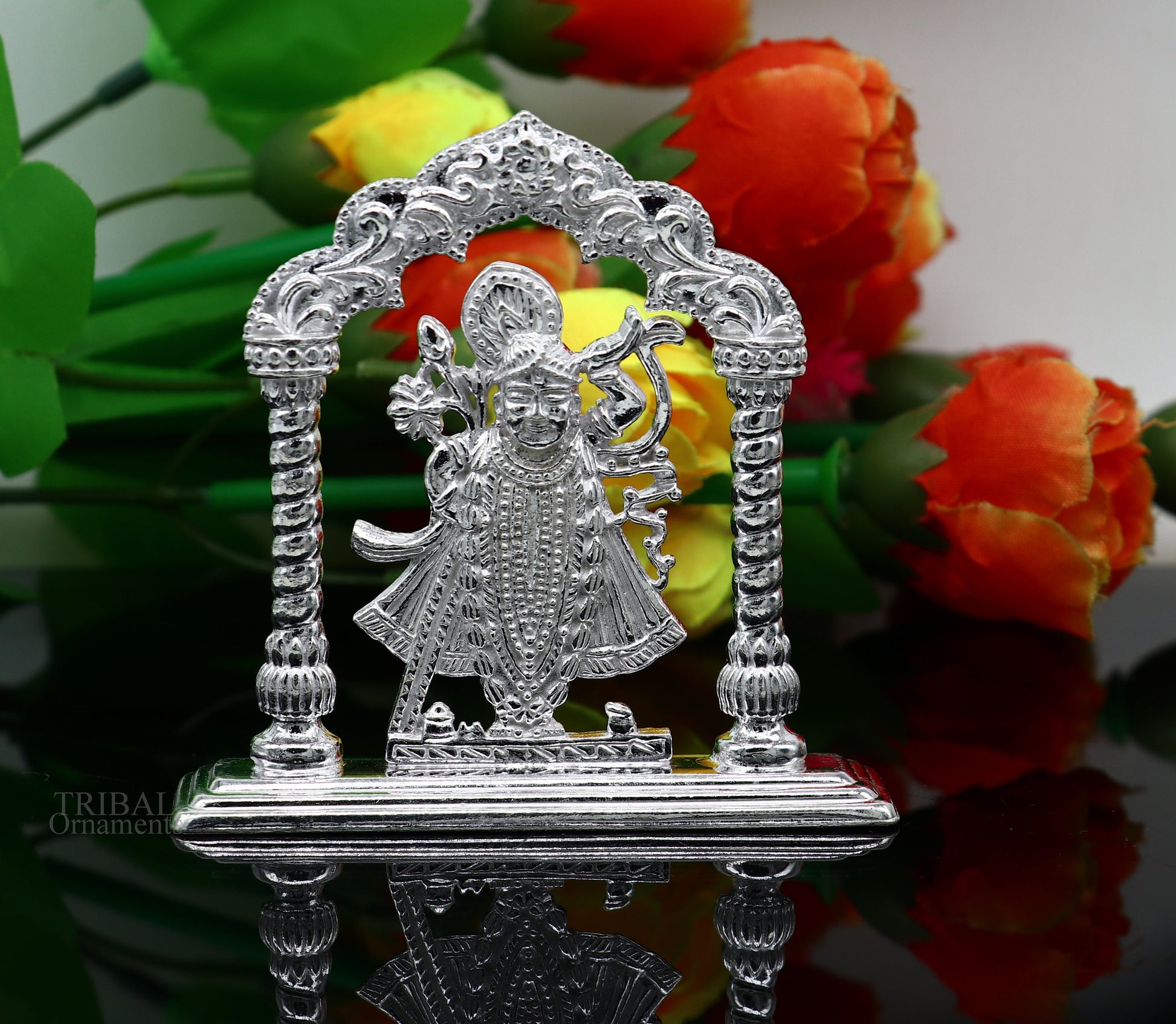 Sterling silver handmade design Indian Idols Lord krishna Shrinathji statue figurine, puja articles decorative gift diwali puja art448 - TRIBAL ORNAMENTS