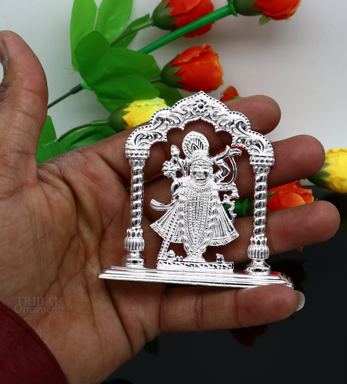 Sterling silver handmade design Indian Idols Lord krishna Shrinathji statue figurine, puja articles decorative gift diwali puja art448 - TRIBAL ORNAMENTS
