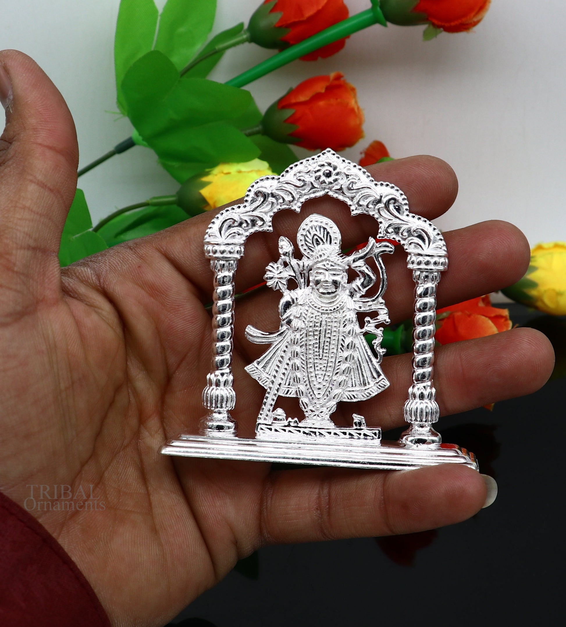 Sterling silver handmade design Indian Idols Lord krishna Shrinathji statue figurine, puja articles decorative gift diwali puja art448 - TRIBAL ORNAMENTS
