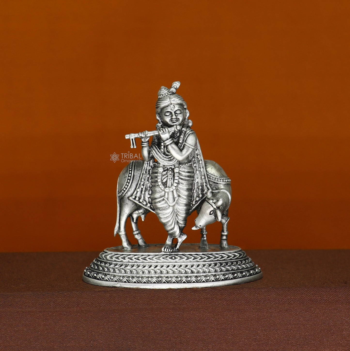925 Sterling silver handmade design Indian Idols Lord krishna with cow & flute statue figurine, puja articles decorative diwali puja art682 - TRIBAL ORNAMENTS