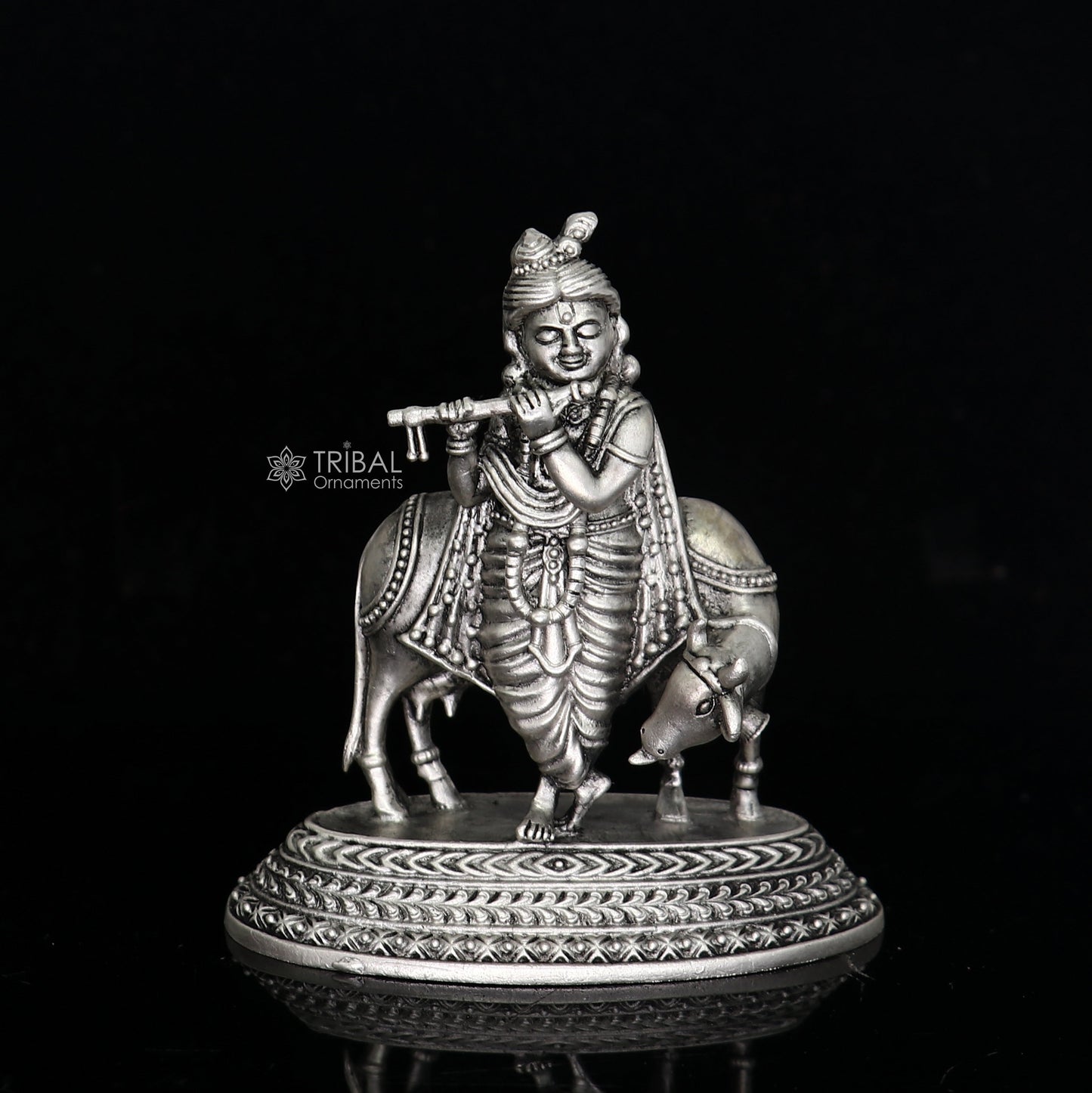 925 Sterling silver handmade design Indian Idols Lord krishna with cow & flute statue figurine, puja articles decorative diwali puja art682 - TRIBAL ORNAMENTS