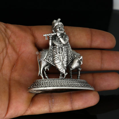 925 Sterling silver handmade design Indian Idols Lord krishna with cow & flute statue figurine, puja articles decorative diwali puja art682 - TRIBAL ORNAMENTS