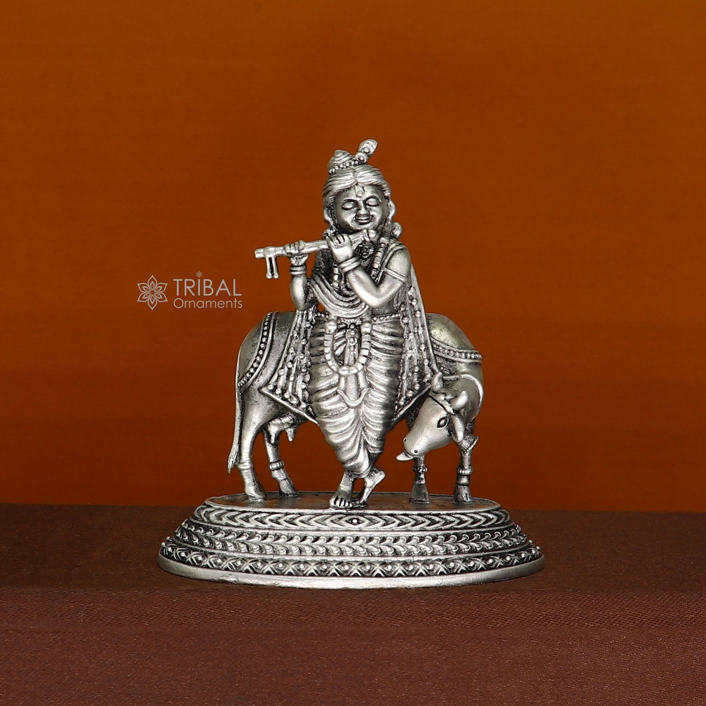 925 Sterling silver handmade design Indian Idols Lord krishna with cow & flute statue figurine, puja articles decorative diwali puja art682 - TRIBAL ORNAMENTS