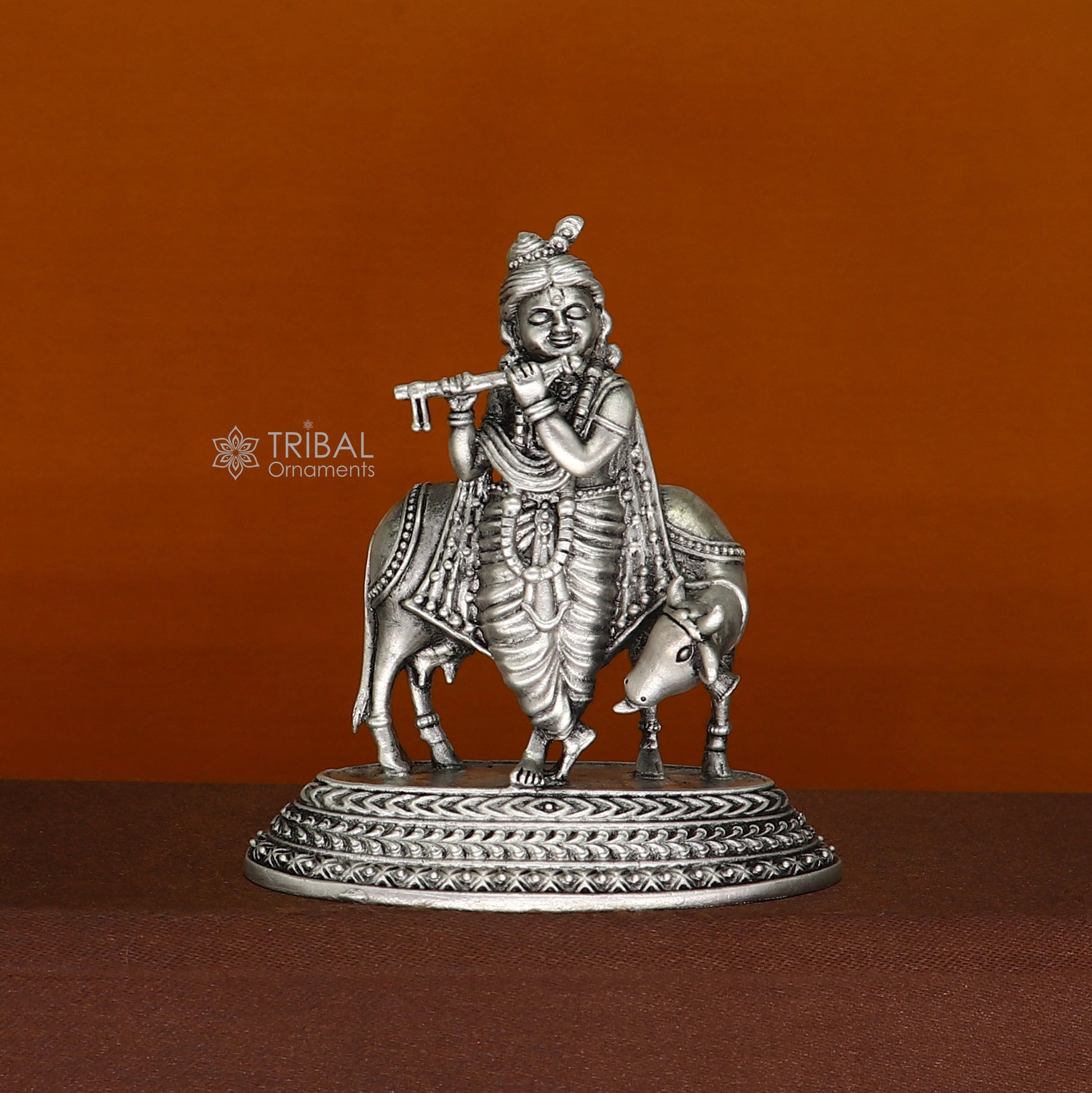 925 Sterling silver handmade design Indian Idols Lord krishna with cow & flute statue figurine, puja articles decorative diwali puja art682 - TRIBAL ORNAMENTS