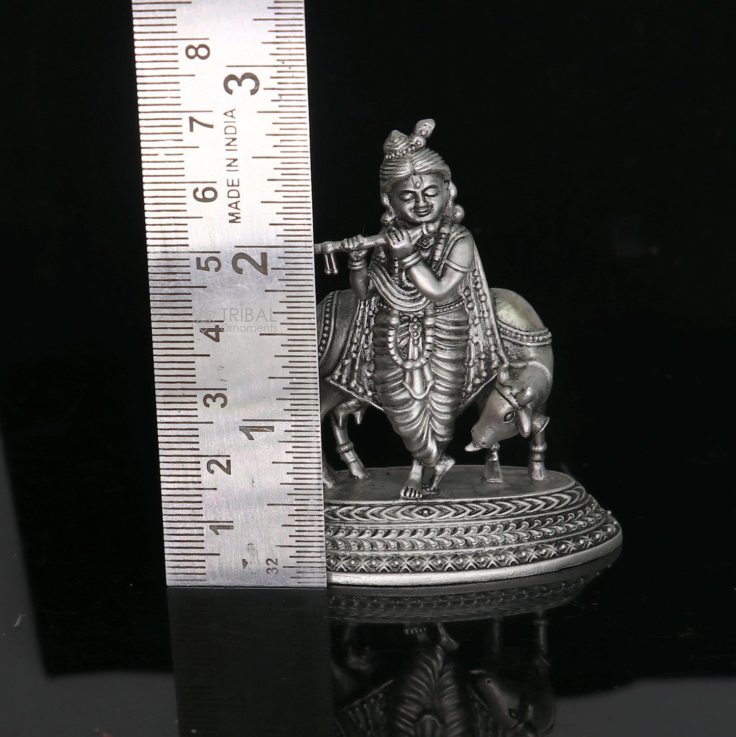 925 Sterling silver handmade design Indian Idols Lord krishna with cow & flute statue figurine, puja articles decorative diwali puja art682 - TRIBAL ORNAMENTS