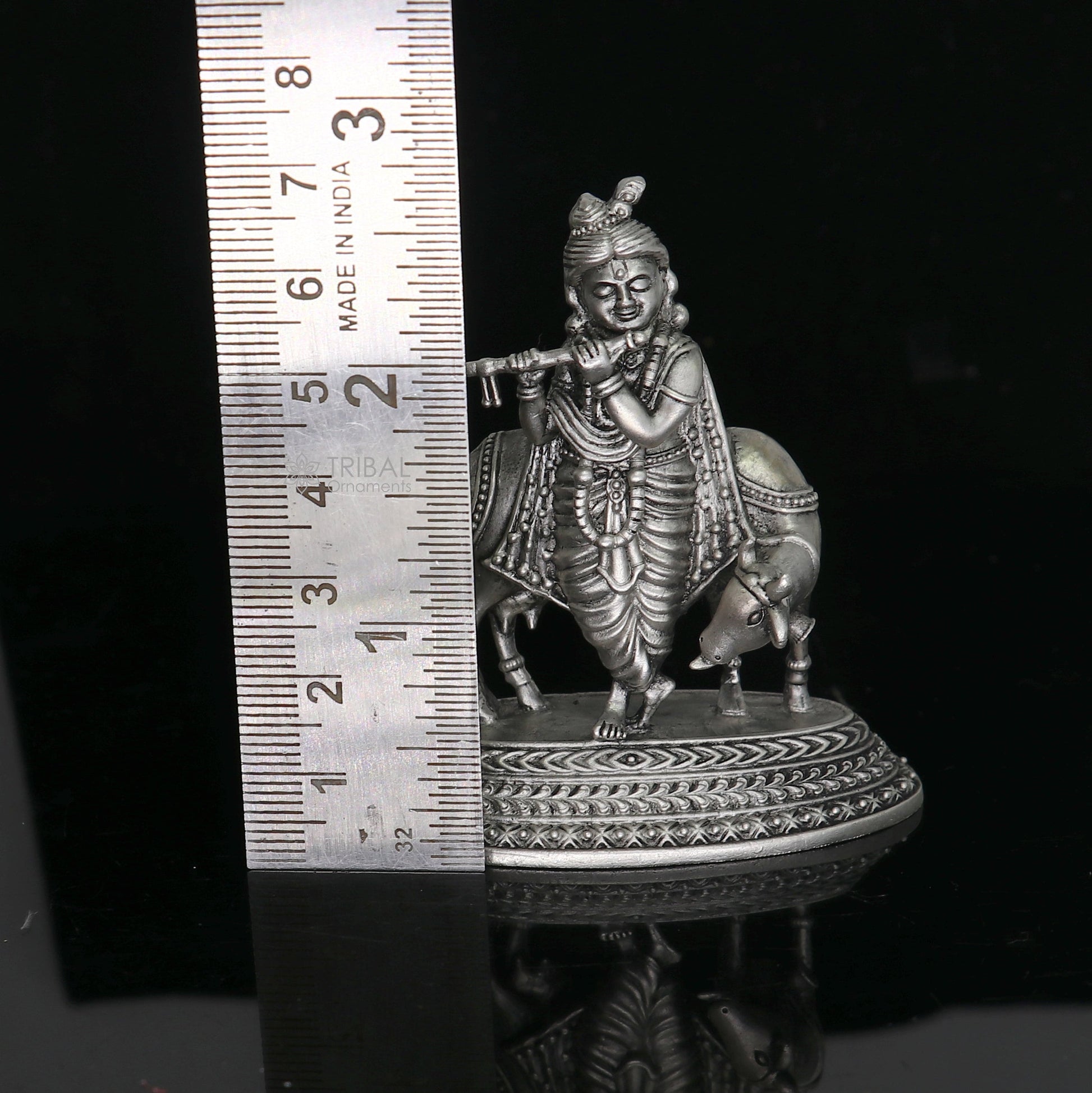 925 Sterling silver handmade design Indian Idols Lord krishna with cow & flute statue figurine, puja articles decorative diwali puja art682 - TRIBAL ORNAMENTS