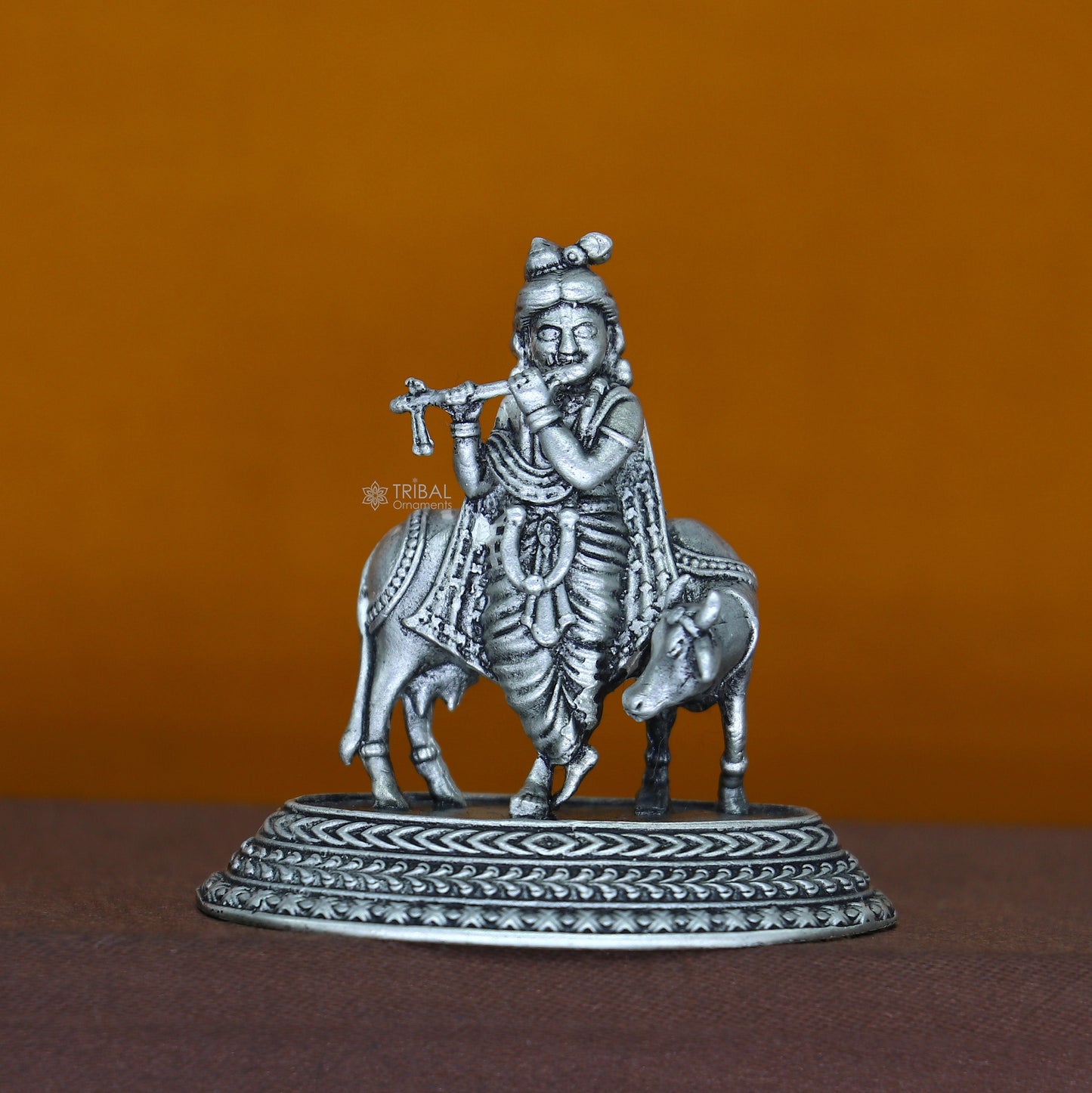 925 Sterling silver handmade design Indian Idols Lord krishna with cow & flute statue figurine, puja articles decorative diwali puja art683 - TRIBAL ORNAMENTS