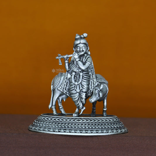 925 Sterling silver handmade design Indian Idols Lord krishna with cow & flute statue figurine, puja articles decorative diwali puja art683 - TRIBAL ORNAMENTS