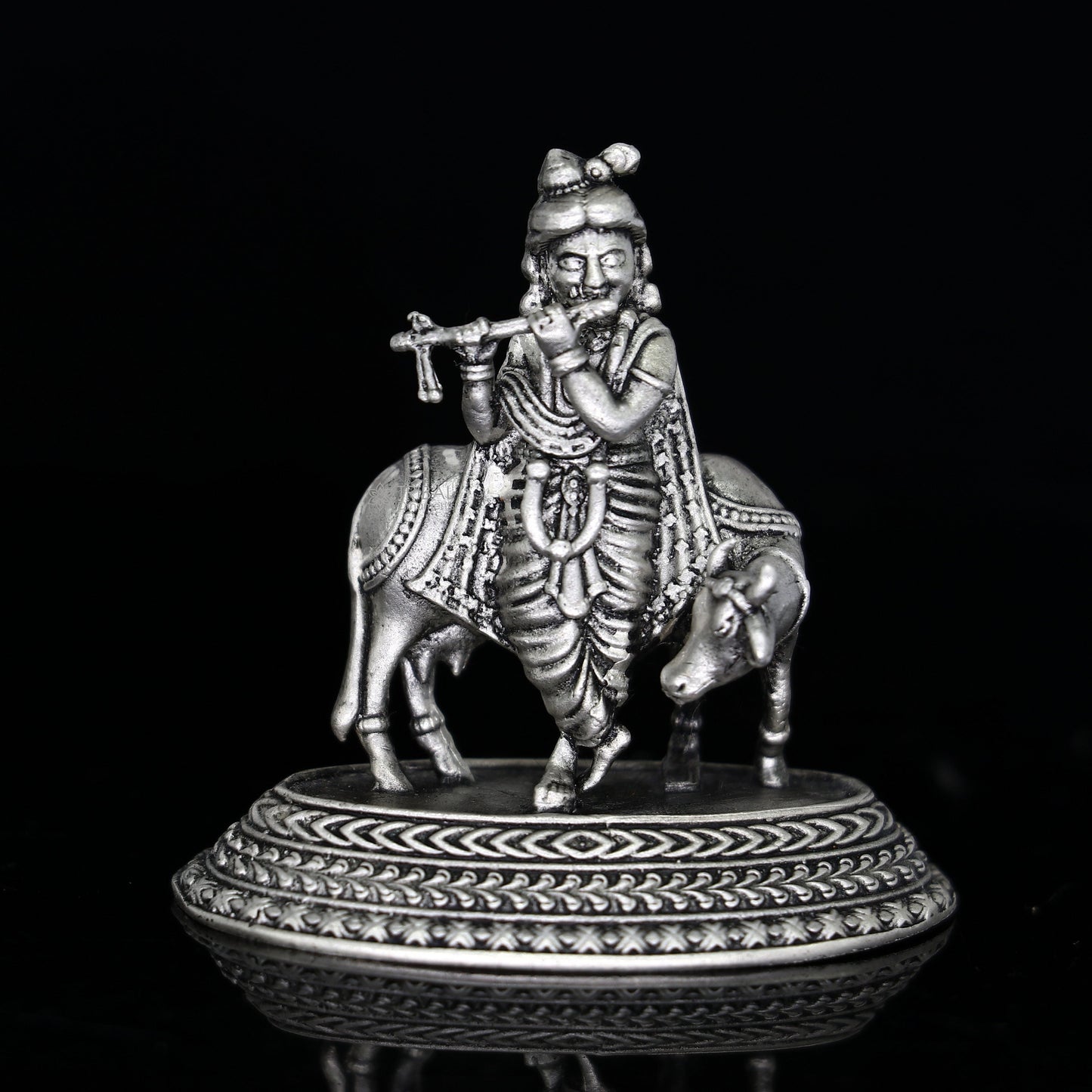 925 Sterling silver handmade design Indian Idols Lord krishna with cow & flute statue figurine, puja articles decorative diwali puja art683 - TRIBAL ORNAMENTS