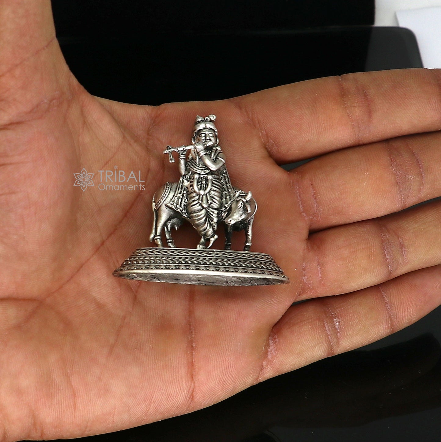 925 Sterling silver handmade design Indian Idols Lord krishna with cow & flute statue figurine, puja articles decorative diwali puja art683 - TRIBAL ORNAMENTS