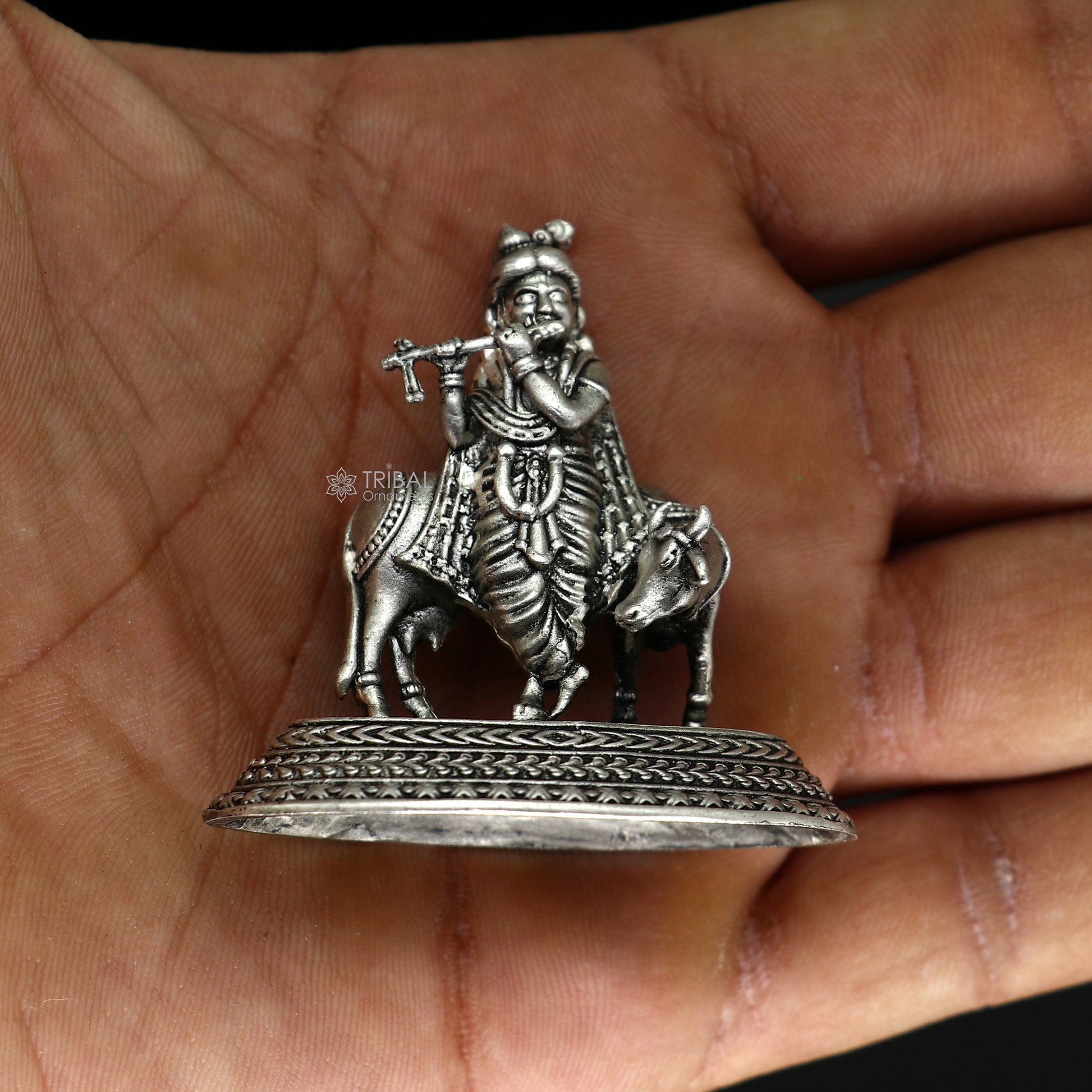 925 Sterling silver handmade design Indian Idols Lord krishna with cow & flute statue figurine, puja articles decorative diwali puja art683 - TRIBAL ORNAMENTS