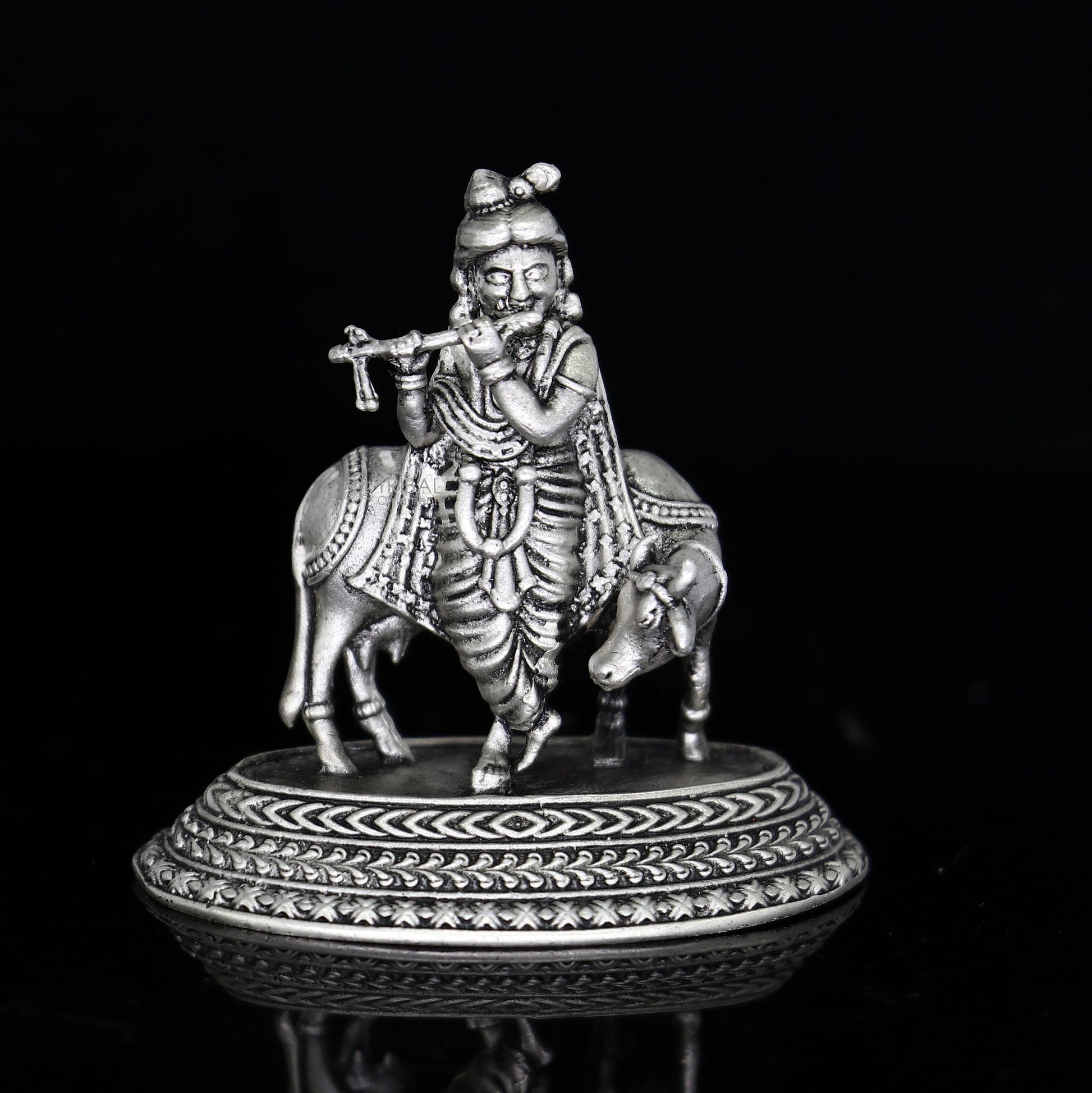 925 Sterling silver handmade design Indian Idols Lord krishna with cow & flute statue figurine, puja articles decorative diwali puja art683 - TRIBAL ORNAMENTS