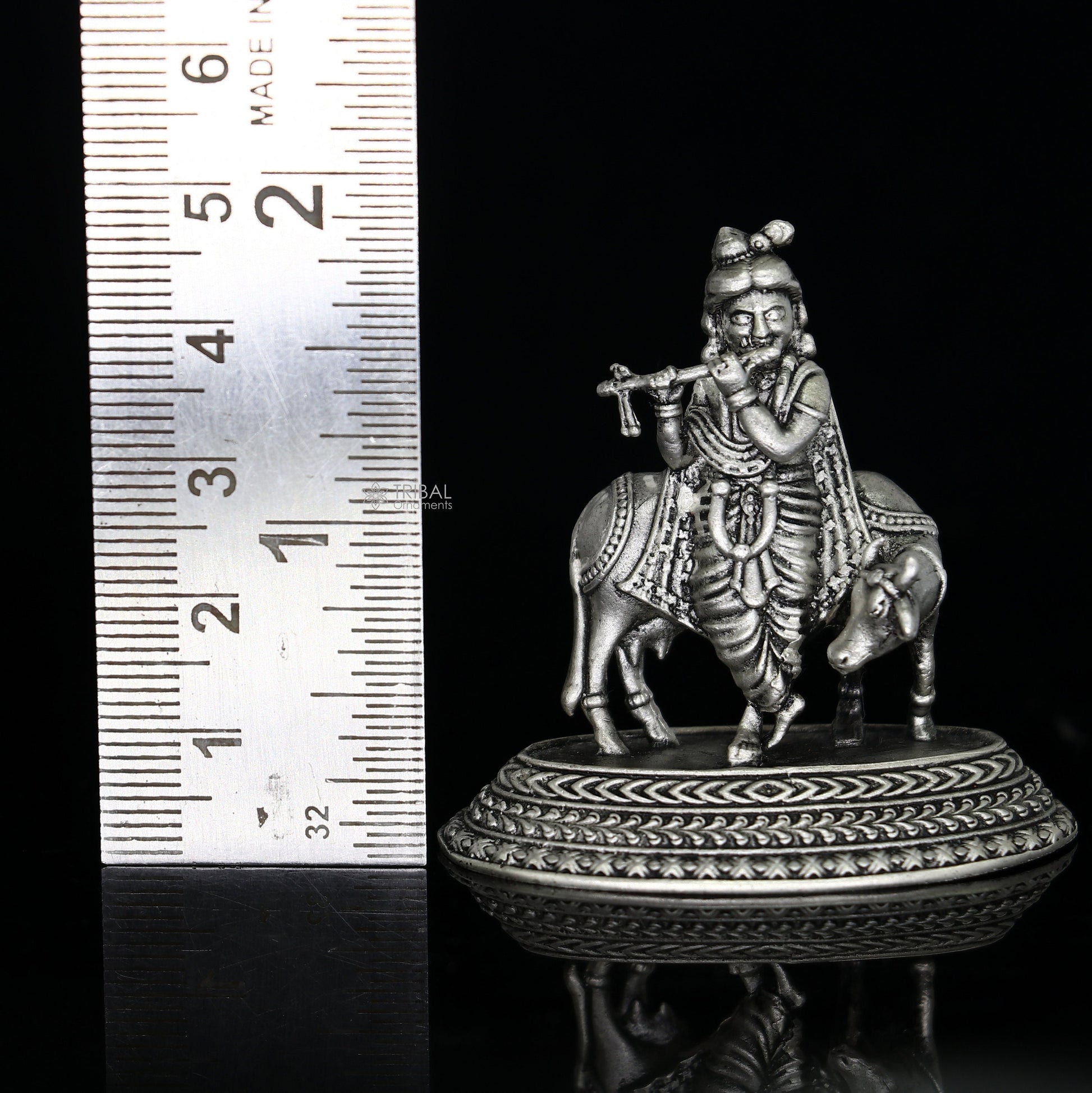 925 Sterling silver handmade design Indian Idols Lord krishna with cow & flute statue figurine, puja articles decorative diwali puja art683 - TRIBAL ORNAMENTS