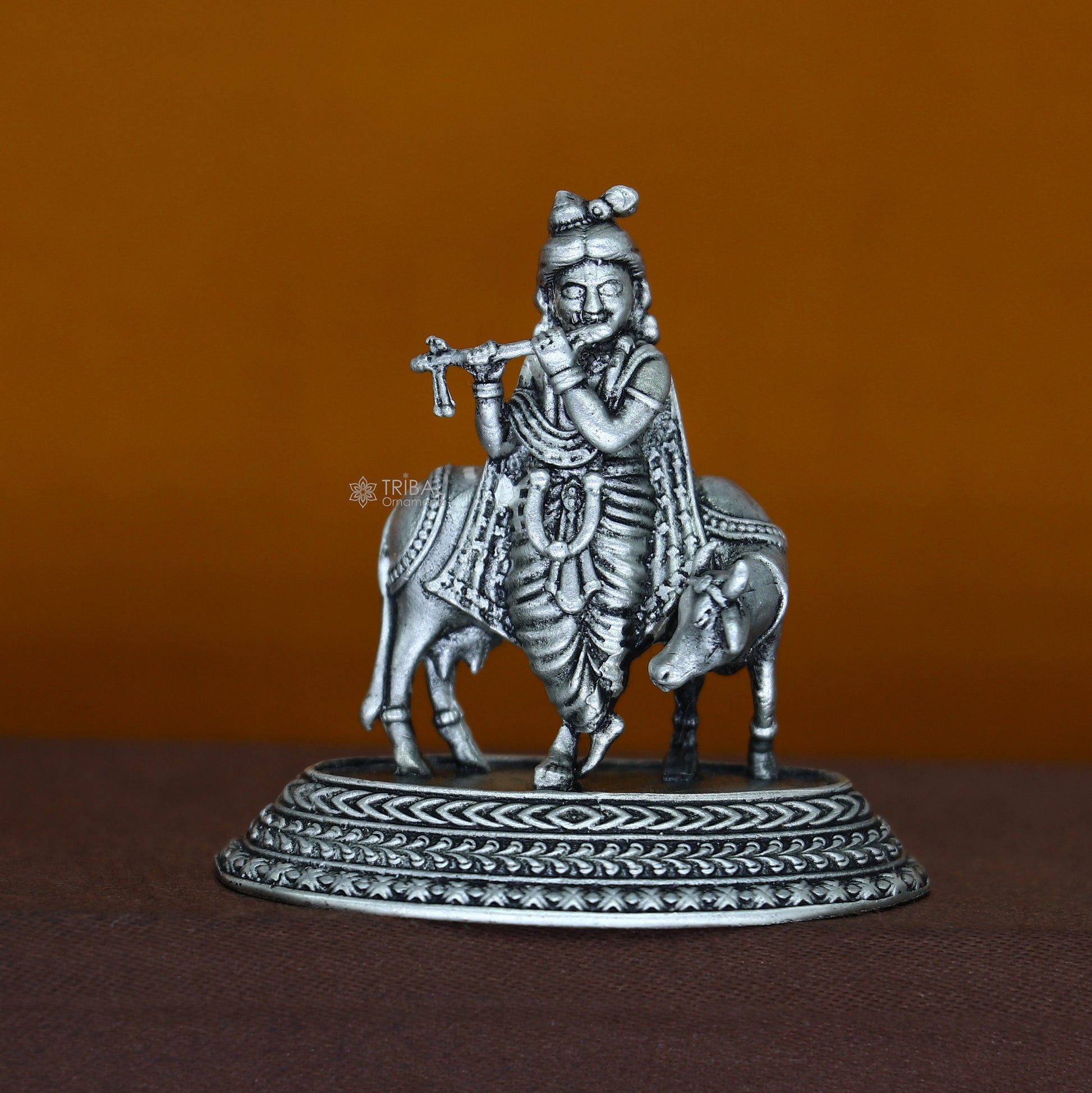 925 Sterling silver handmade design Indian Idols Lord krishna with cow & flute statue figurine, puja articles decorative diwali puja art683 - TRIBAL ORNAMENTS