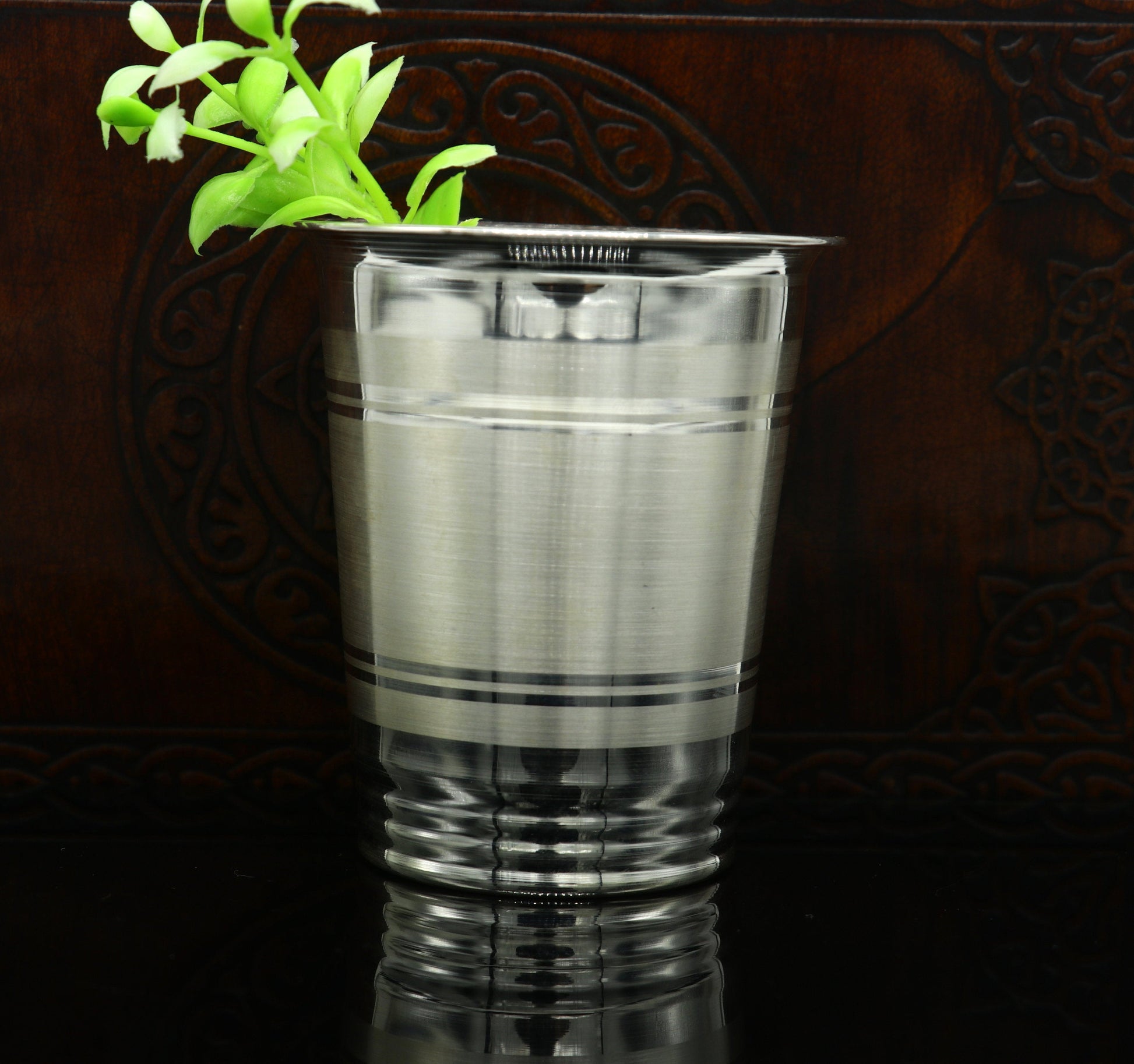 925 sterling silver handmade baby water or milk glass cup by Tribal Ornaments, featuring intricate design and silver utensils.