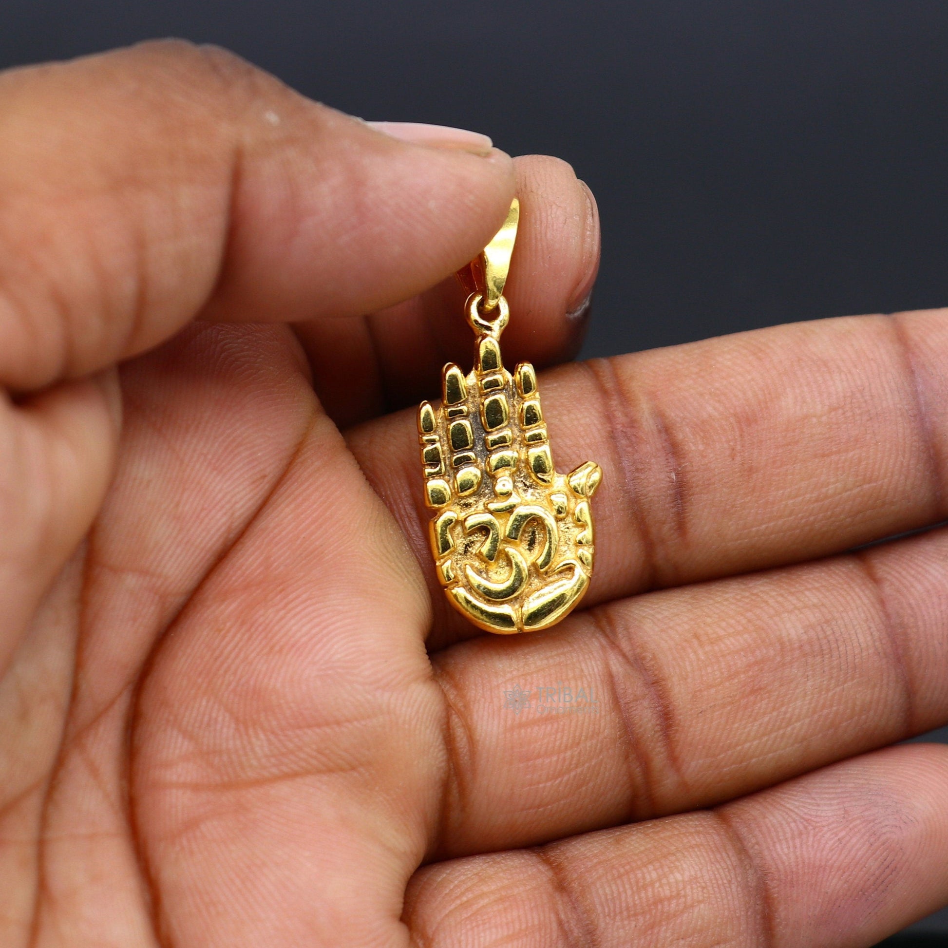 925 sterling silver divine hand palm pendant with AUM design, gold polished blessing symbol, handcrafted by Tribal Ornaments.