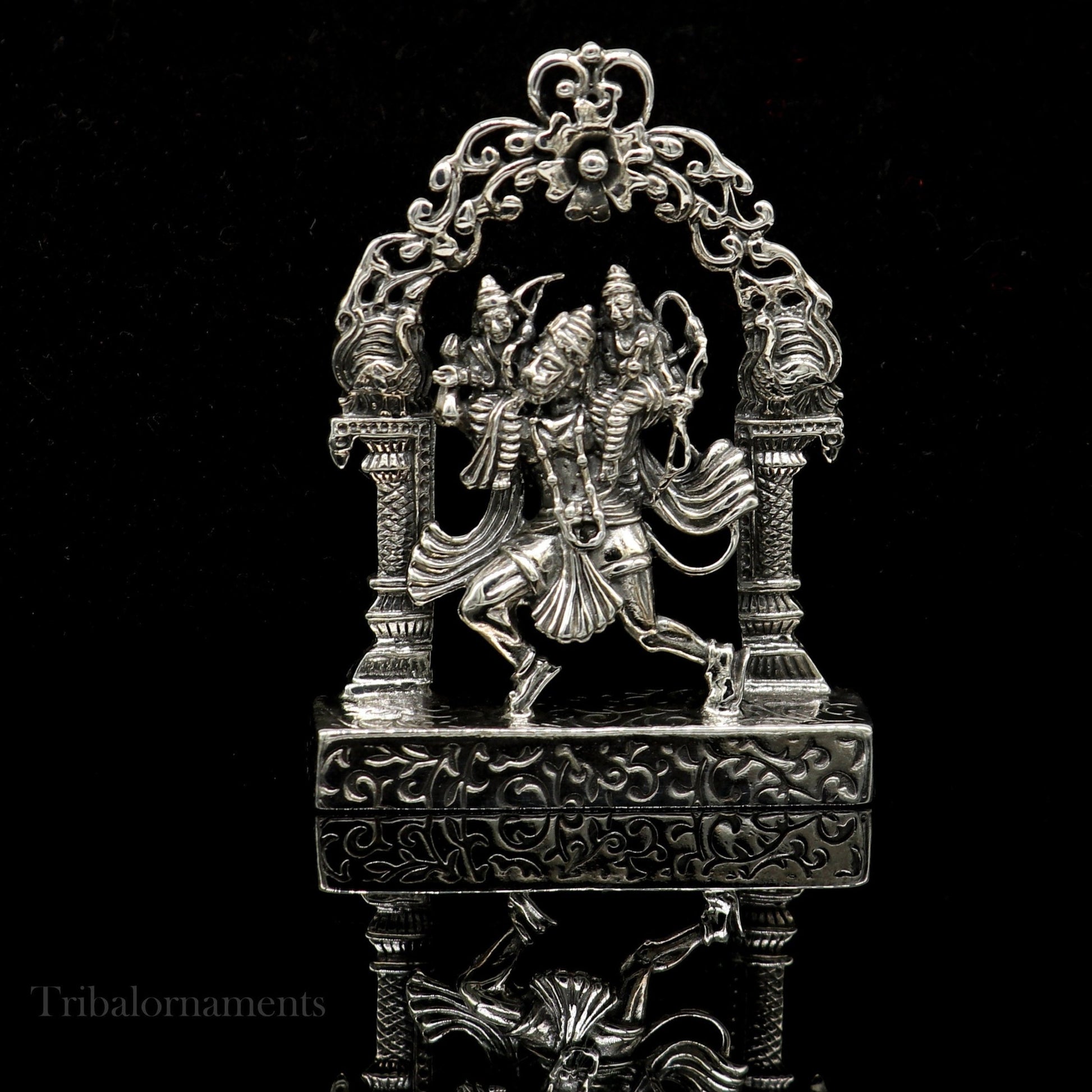 925 sterling silver handmade Divine Hindu god Hanuman with Rama and Laxman blessing Statue, amazing Divine figurine puja article art174 - TRIBAL ORNAMENTS