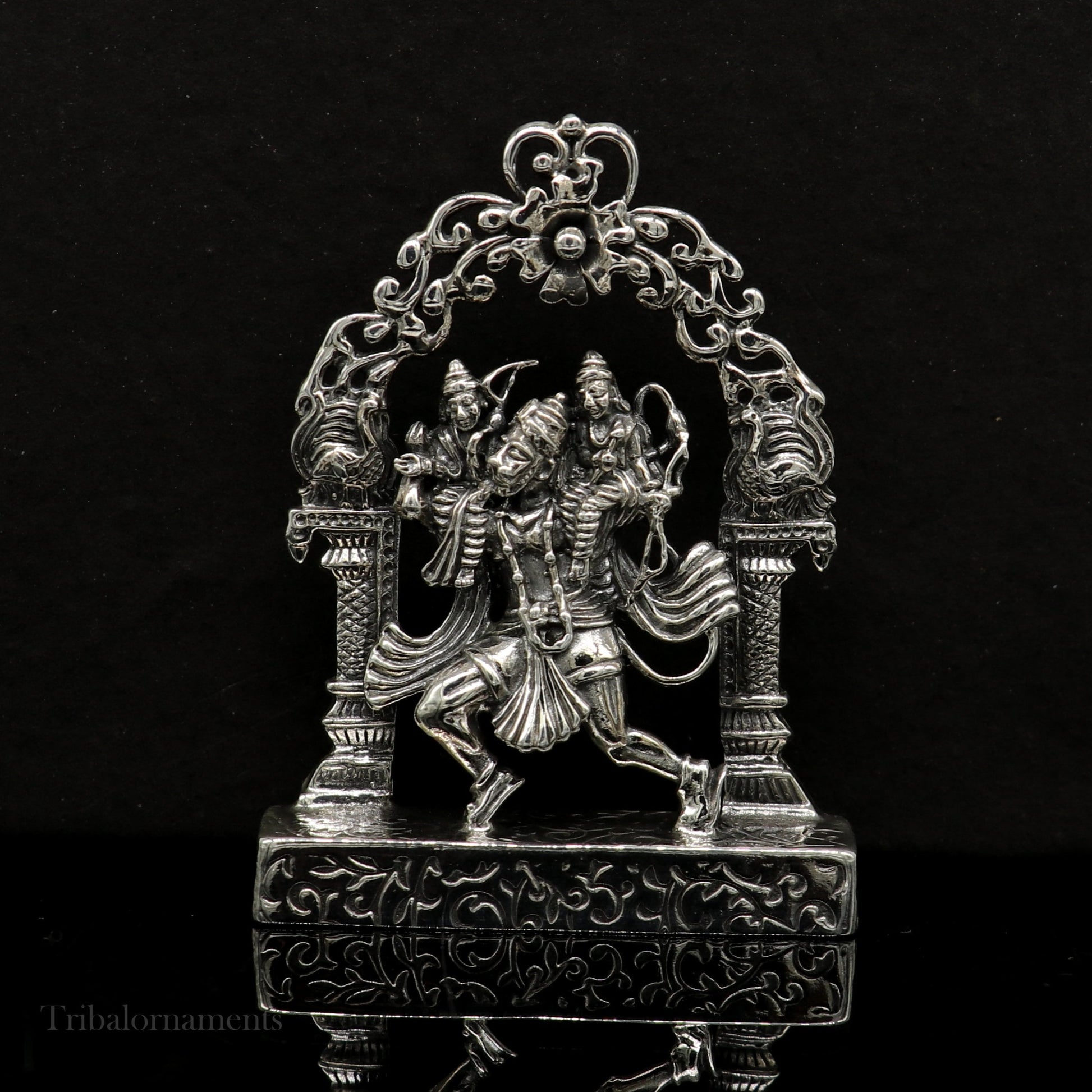 925 sterling silver handmade Divine Hindu god Hanuman with Rama and Laxman blessing Statue, amazing Divine figurine puja article art174 - TRIBAL ORNAMENTS