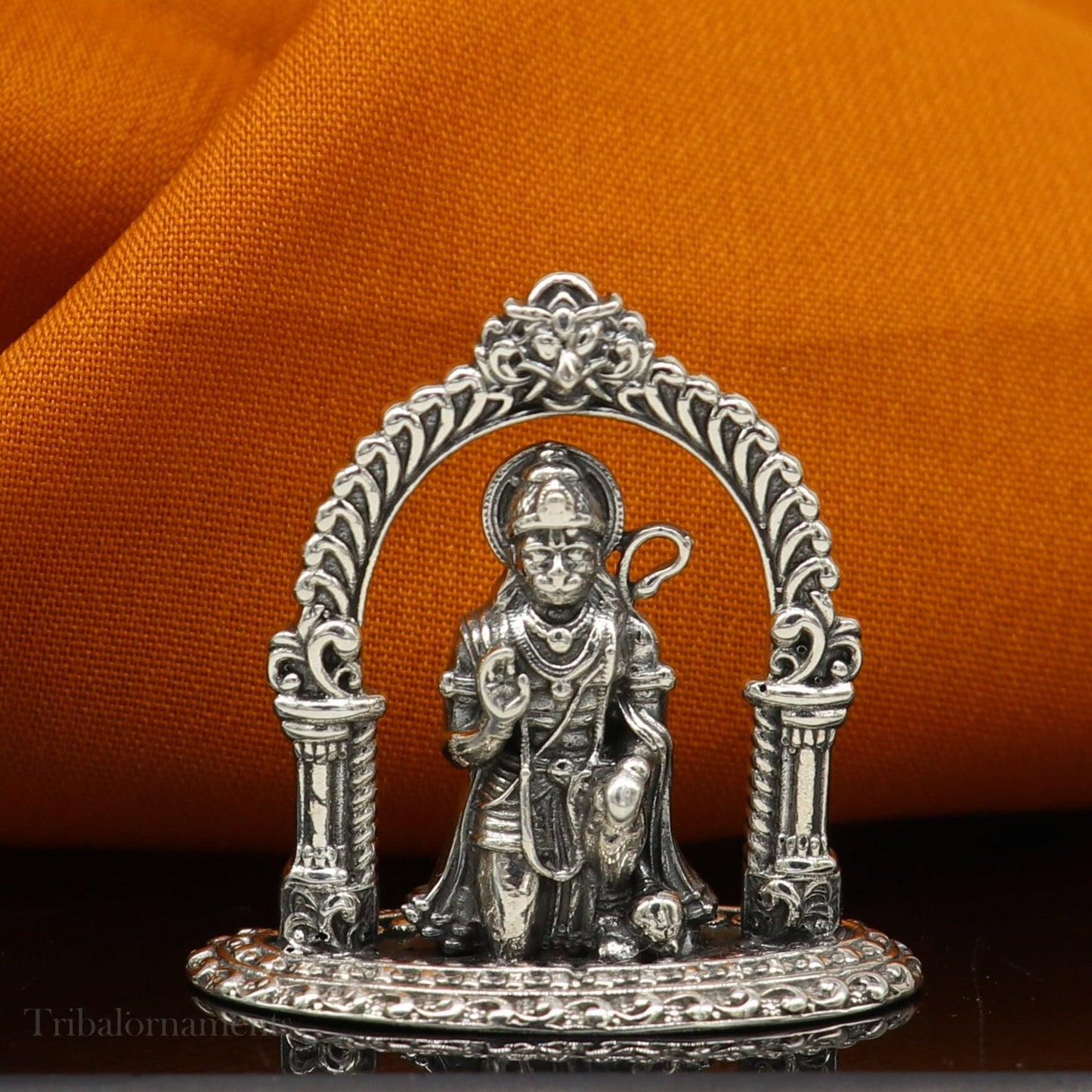 925 sterling silver Lord Hanuman blessing statue, handmade Hindu divine sculpture, intricate designer figurine for puja rituals.