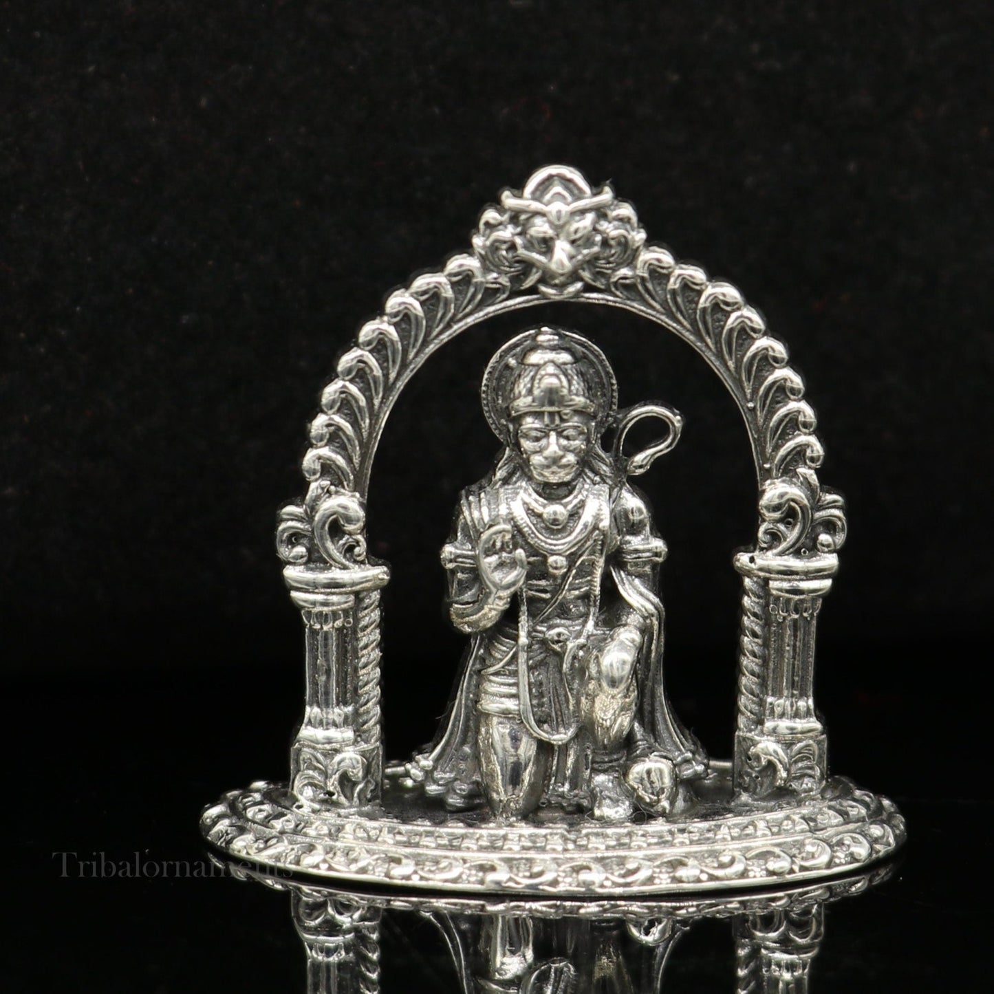 Handmade 925 sterling silver Lord Hanuman blessing statue, divine Hindu sculpture for puja and spiritual decor.