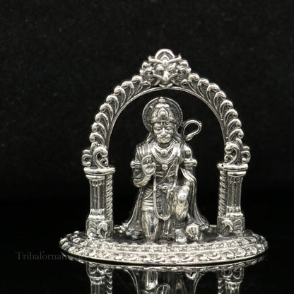 Handmade 925 sterling silver Lord Hanuman blessing statue, divine Hindu sculpture for puja and spiritual decor.