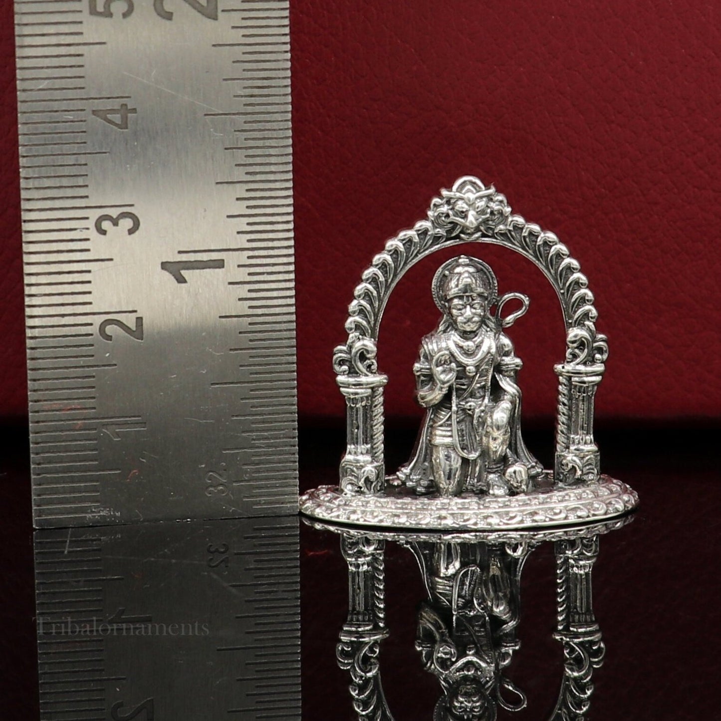 Handmade 925 sterling silver Lord Hanuman blessing statue, divine Hindu sculpture, perfect for puja and spiritual decor.