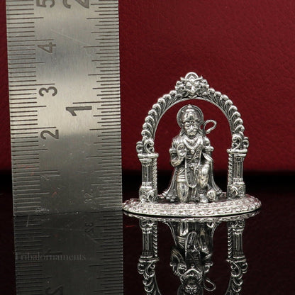 Handmade 925 sterling silver Lord Hanuman blessing statue, divine Hindu sculpture, perfect for puja and spiritual decor.
