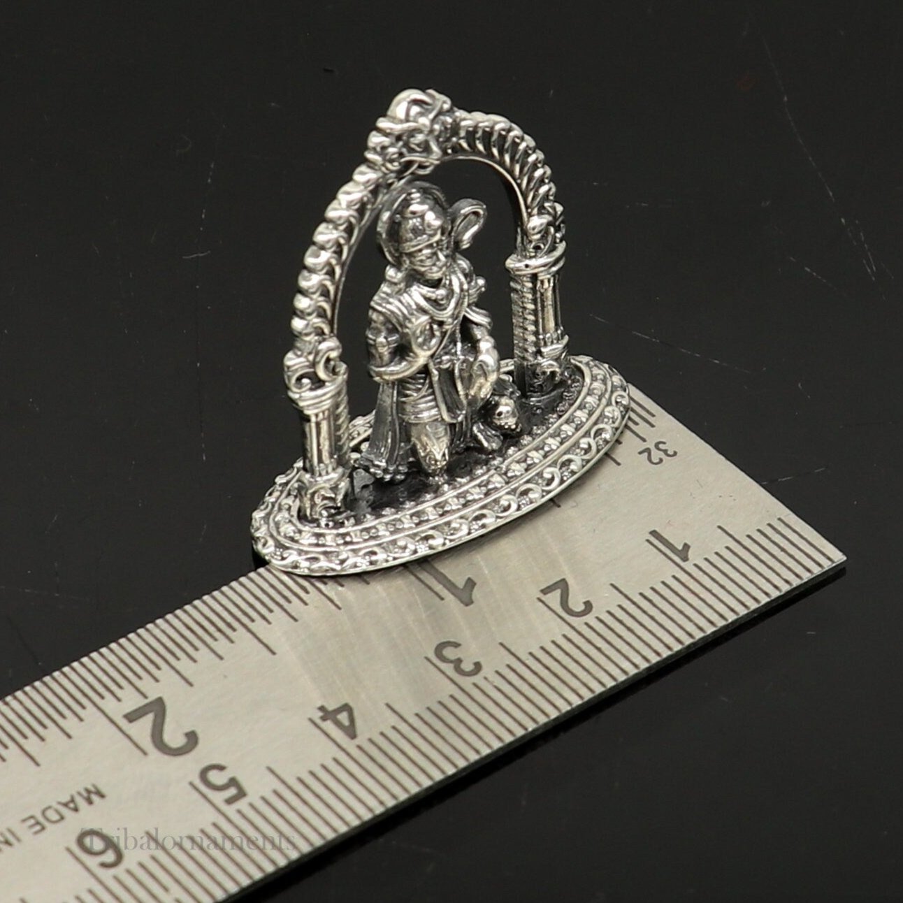 Handmade 925 sterling silver Lord Hanuman blessing statue, divine Hindu sculpture, perfect for puja and spiritual decor.