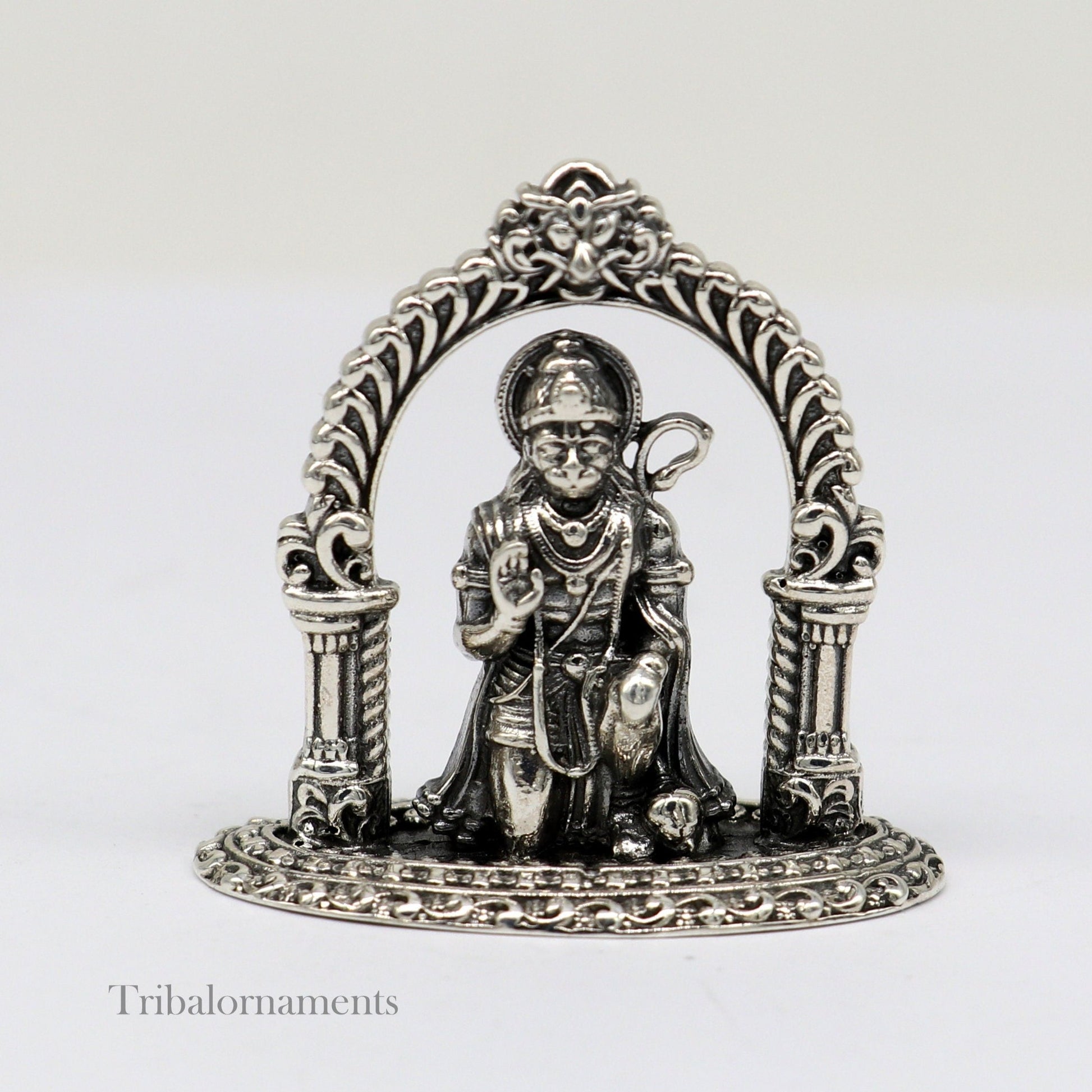 Handmade 925 sterling silver Lord Hanuman blessing statue, divine Hindu sculpture for puja, detailed designer figurine by TRIBAL ORNAMENTS.