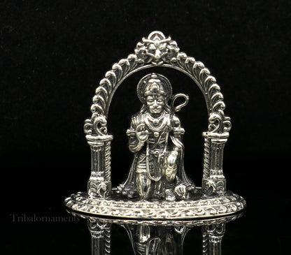 Handmade 925 sterling silver Lord Hanuman blessing statue, divine Hindu sculpture, perfect for puja and spiritual decor.