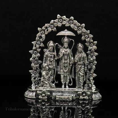 925 silver handmade Hindu Rama Laxman Seeta Hanuman blessing statue, Ram Darbar divine figurine for puja, intricate art piece.