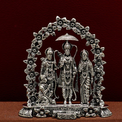 Sterling silver handmade Hindu God Rama, Laxman, Sita, and Hanuman blessing statue, Ram Darbar divine figurine for puja.