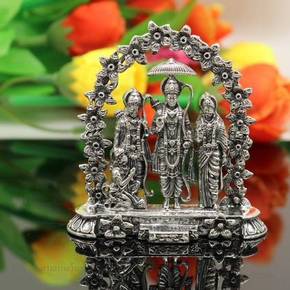 925 sterling silver handmade Hindu Ram Darbar statue featuring Rama, Laxman, Seeta, and Hanuman in blessing pose for puja.