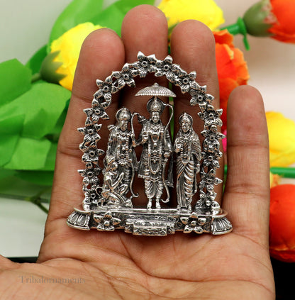 925 sterling silver handmade Hindu divine Rama, Laxman, Seeta, and Hanuman blessing statue, Ram Darbar figurine for puja.