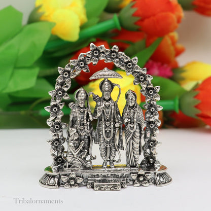 925 sterling silver handmade Hindu divine figurine of Rama, Laxman, Seeta, and Hanuman blessing Ram Darbar for puja worship.
