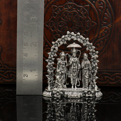 925 sterling silver handmade Hindu divine figurine of Rama, Laxman, Seeta, and Hanuman blessing, Ram Darbar statue for puja rituals.