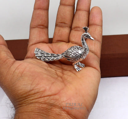 925 sterling silver handmade divine peacock statue, Lord Kartikeya vahan, silver home temple utensil, tribal ornaments art.