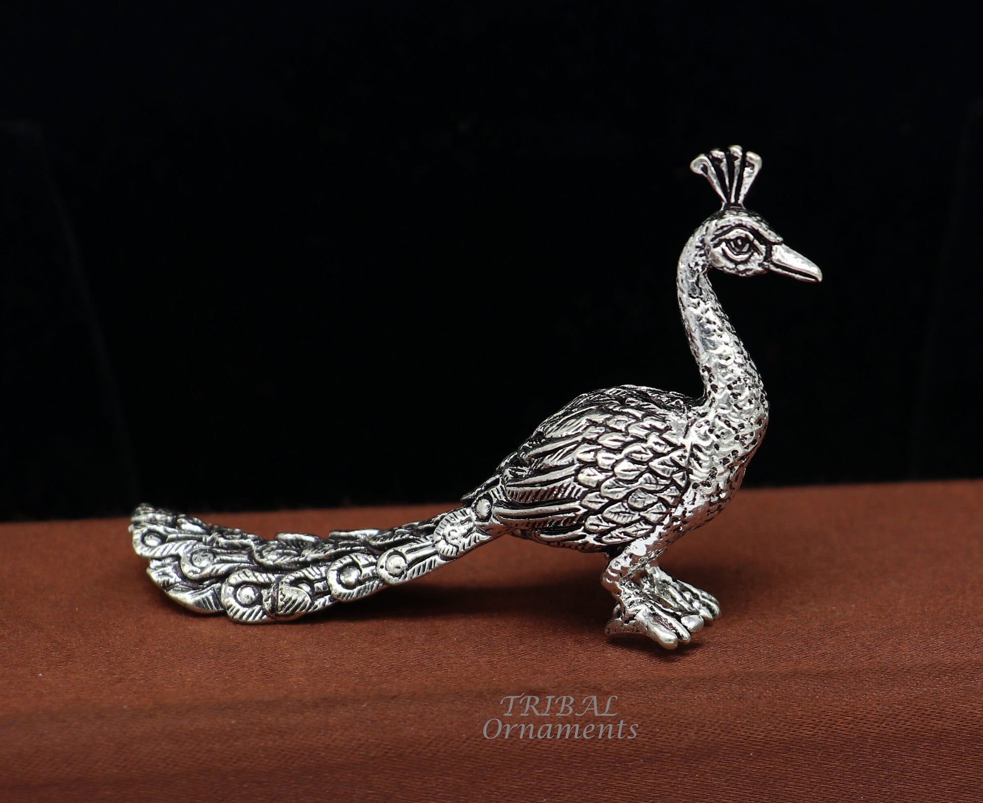 925 sterling silver handmade divine peacock statue, silver home temple utensils, silver article, lord kartikeya murugan vahan vehicle art591 - TRIBAL ORNAMENTS