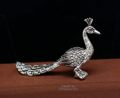 Handmade 925 sterling silver peacock statue by TRIBAL ORNAMENTS, Lord Kartikeya Vahan sculpture for home temple decor.